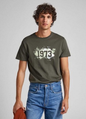 Pepe Jeans 1973 Printed Logo T-shirt T-shirt Herr Olivgröna Gröna | 346859PXI