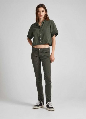 Pepe Jeans 5 Pocket Mager Fit Trousers Långbyxor Dam Olivgröna Gröna | 154963FEO