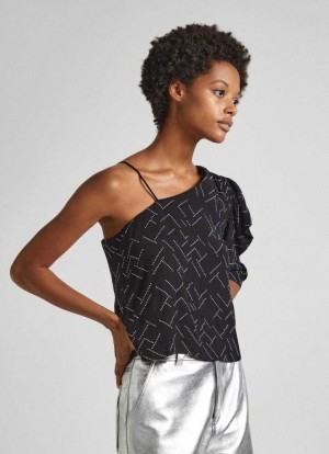 Pepe Jeans Asymmetric Blouse With Strass Details Blus Dam Svarta | 619238GRV