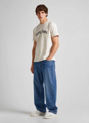 Pepe Jeans Bomull T-shirt With Flock Logo T-shirt Herr Vita | 639172MQJ