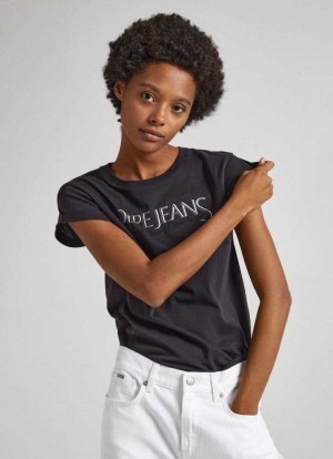 Pepe Jeans Bomull T-shirt With Printed Logo T-shirt Dam Svarta | 058379ORZ