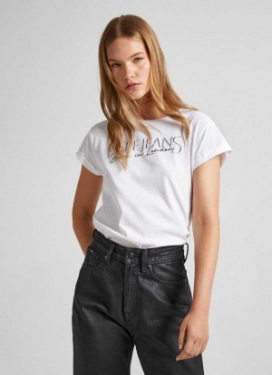 Pepe Jeans Bomull T-shirt With Printed Logo T-shirt Dam Vita | 054397VWM