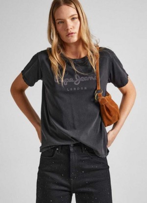 Pepe Jeans Bomull T-shirt With Strass Logo T-shirt Dam Svarta | 473596HKE