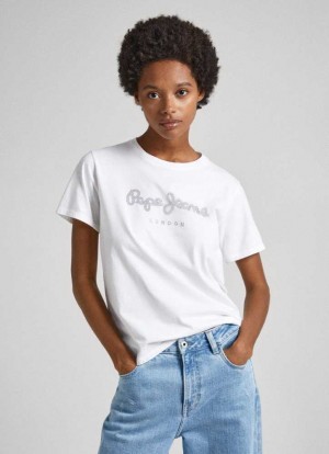 Pepe Jeans Bomull T-shirt With Strass Logo T-shirt Dam Vita | 682531ZOE