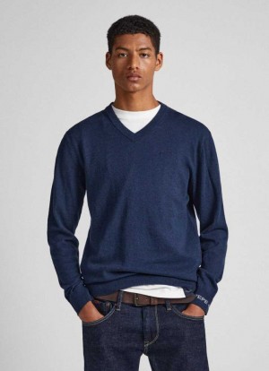 Pepe Jeans Bomull V-neck Knit Jumpers Herr Blå | 718602ZAK