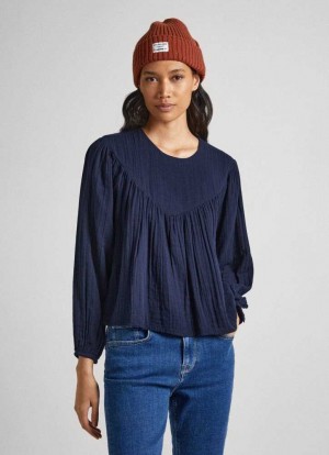 Pepe Jeans Bomull Waffle Weave Blouse Blus Dam Blå | 549627UER
