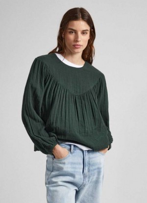 Pepe Jeans Bomull Waffle Weave Blouse Blus Dam Gröna | 752639BQS