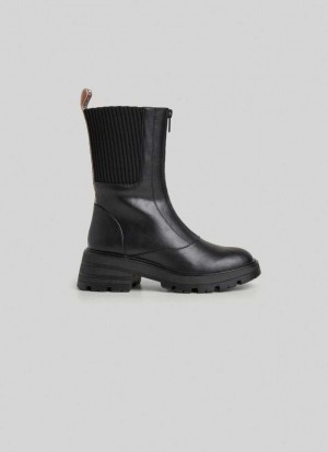 Pepe Jeans Combined Fabric Mid-calf Boots Stövlar Dam Svarta | 102647ZNO