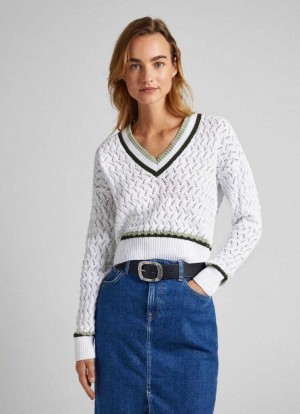 Pepe Jeans Diamond Openwork Knit Stickat Dam Vita | 718965DYA