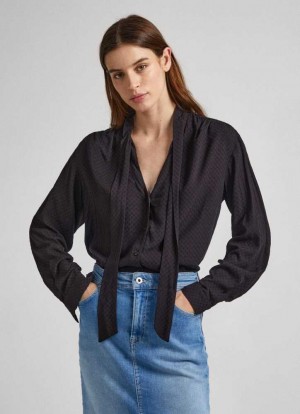 Pepe Jeans Dobby Blouse With Tie Neck Blus Dam Svarta | 980375WRT