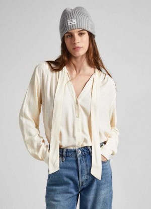 Pepe Jeans Dobby Blouse With Tie Neck Blus Dam Vita | 641839SYG