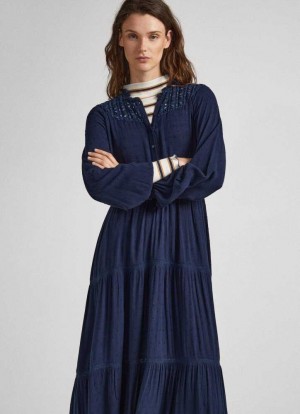 Pepe Jeans Dobby Klänning With Openwork Details Klänning Dam Blå | 134069TLJ