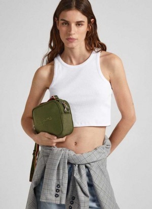 Pepe Jeans Embroidered Logo Camera Crossbody Bag Väskor & Ryggsäck Dam Olivgröna Gröna | 624973AHG