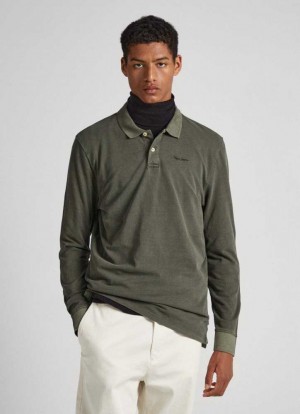 Pepe Jeans Embroidered Logo Piqu Piketröja Herr Olivgröna Gröna | 097562BTV