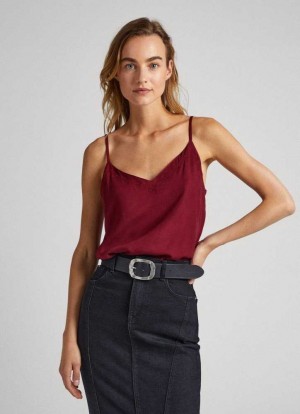 Pepe Jeans Embroidered Neckline Rem Top Skjorta Dam Vinröda Röda | 802513ILB