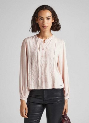 Pepe Jeans Embroidered Romantic Cut Blouse Blus Dam Grå Rosa Rosa | 635987BNY