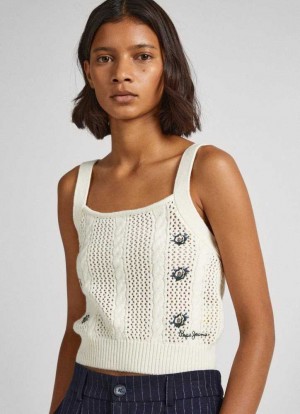 Pepe Jeans Floral Knit Top Stickat Dam Vita | 465031AWV