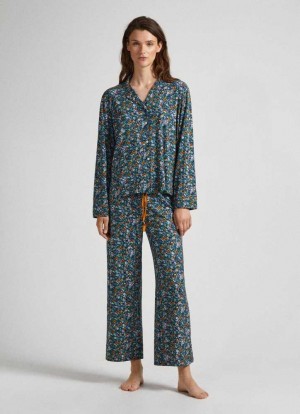 Pepe Jeans Floral Print Pajama Set Underkläder Dam Marinblå | 081365XCG