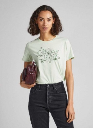 Pepe Jeans Floral Print T-shirt T-shirt Dam Gröna | 549782IWY