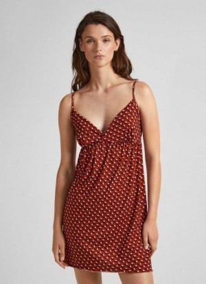 Pepe Jeans Geometric Print Nightdress Underkläder Dam Vinröda Röda | 875016BUR