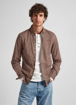 Pepe Jeans Geometric Print Poplin Shirt Skjorta Herr Bruna Beige | 419265WOU