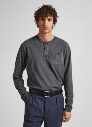 Pepe Jeans Henley Collar Long Sleeve T-shirt T-shirt Herr Svarta | 591028YVX
