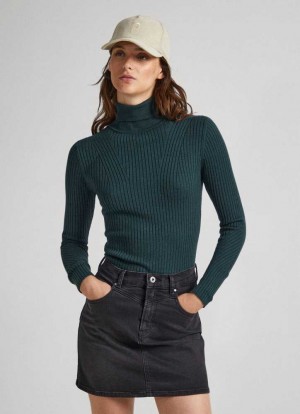 Pepe Jeans High Neck Räfflad Knit Stickat Dam Gröna | 429068KHL