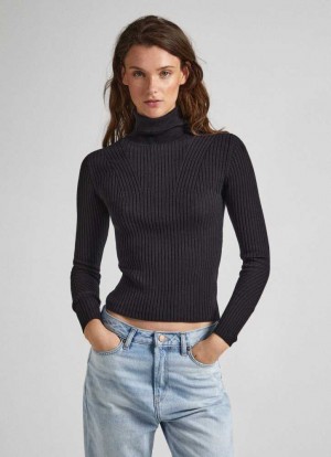 Pepe Jeans High Neck Räfflad Knit Stickat Dam Svarta | 418795NKE