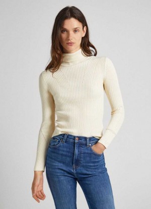 Pepe Jeans High Neck Räfflad Knit Stickat Dam Vita | 390618SJE