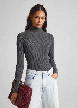 Pepe Jeans High Neck Räfflad Knit Stickat Dam Mörkgrå | 216508UNM