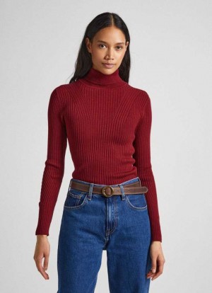 Pepe Jeans High Neck Räfflad Knit Stickat Dam Vinröda Röda | 761340TSI