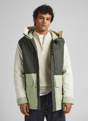 Pepe Jeans Hooded Colour Block Parka Jacka Herr Olivgröna Gröna | 156084EOV