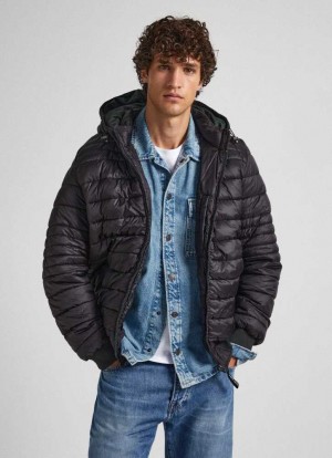 Pepe Jeans Hooded Nylon Puffer Jacket Jacka Herr Svarta | 614289PQK