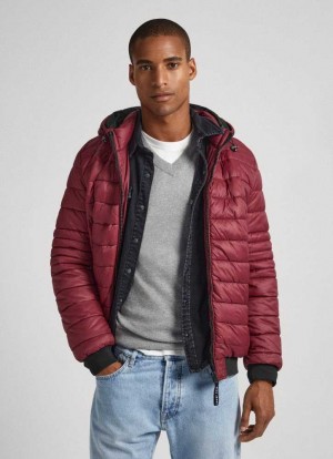 Pepe Jeans Hooded Nylon Puffer Jacket Jacka Herr Vinröda Röda | 521047BUH