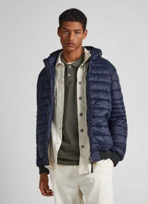 Pepe Jeans Hooded Nylon Puffer Jacket Jacka Herr Blå | 290641KMA