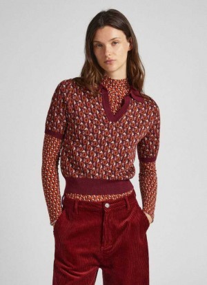 Pepe Jeans Knit Geometric Print Polo Shirt T-shirt Dam Vinröda Röda | 790156UAI