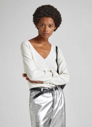 Pepe Jeans Knit Jumper With Strass Detail Stickat Dam Vita | 569130TWV