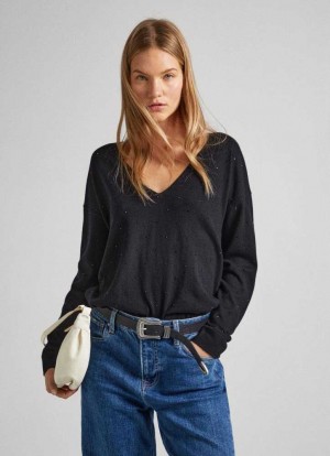 Pepe Jeans Knit Jumper With Strass Detail Stickat Dam Svarta | 985410AMP