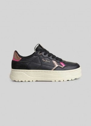 Pepe Jeans Kore Poppy Läder Trainers Träningsskor Dam Svarta | 296351EBZ