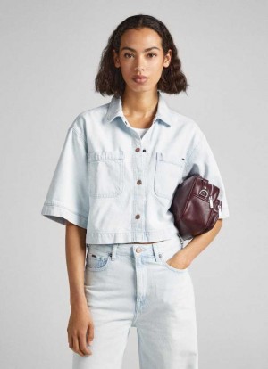 Pepe Jeans Korta Sleeve Denim Shirt Skjorta Dam Blå | 976134ZLB