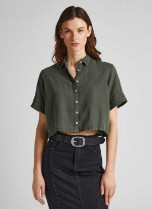 Pepe Jeans Korta Sleeve Shirt With Openwork Details Skjorta Dam Olivgröna Gröna | 517468MIY