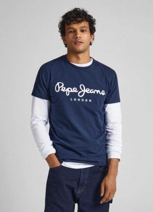 Pepe Jeans Korta-sleeved Bomull T-shirt T-shirt Herr Marinblå | 573892RAF