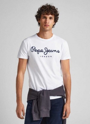 Pepe Jeans Korta-sleeved Bomull T-shirt T-shirt Herr Vita | 326194RMY