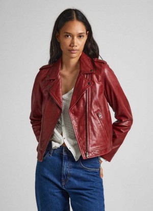Pepe Jeans Lamb Läder Biker Jacket Jacka Dam Vinröda Röda | 087293FXU