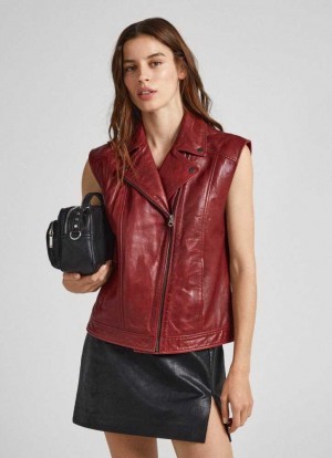 Pepe Jeans Lamb Läder Vest Jacka Dam Vinröda Röda | 348210PWM