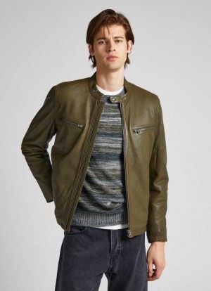 Pepe Jeans Lambskin Läder Biker Jacket Jacka Herr Olivgröna Gröna | 067491HJB
