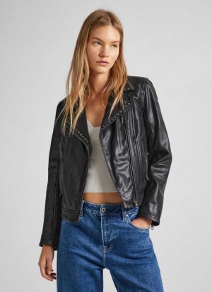 Pepe Jeans Läder Biker Jacket With Lapel Collar Jacka Dam Svarta | 398246XZS