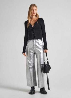 Pepe Jeans Läder Silver Trousers Långbyxor Dam Silver | 523097NXE