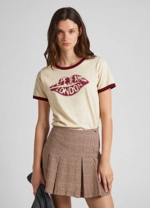 Pepe Jeans Lips Print T-shirt T-shirt Dam Bruna Beige | 867350ZXL