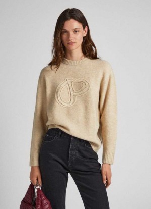Pepe Jeans Logo Print Knit Stickat Dam Bruna Beige | 274513IAM